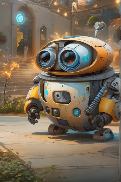 cartoon character,fat and chubby,inspired by Wall-E robot,character design,expressive face,round belly,heightened cheeks,cute and lovable,playful expression,charming smile,large expressive eyes,rounded features,friendly and approachable posture,vibrant col...