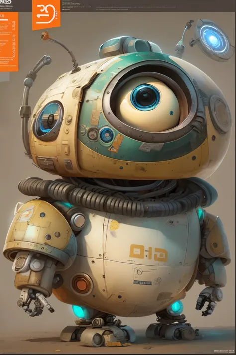 cartoon character,fat and chubby,inspired by Wall-E robot,character design,expressive face,round belly,heightened cheeks,cute and lovable,playful expression,charming smile,large expressive eyes,rounded features,friendly and approachable posture,vibrant col...