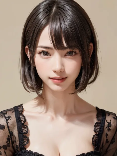 (table top, highest quality、ultra high resolution、face focus focus、focus on the sides、navel focus、decolletage focus、very attractive beauty、Adds intense highlights to the eyes、look closely at the camera:1.4、Absolutely beautiful bangs:1.4、Brunette short bob ...