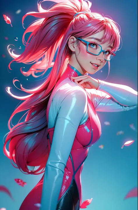 eyeglasses, vision pro googles, cyberpunk female woman (chromatic accents:1.1), sleek pink and white full bodysuit, side view tu...