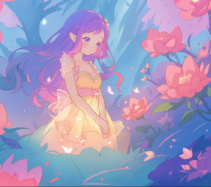 beautiful girl in glowing layered fantasy dress, fairy girl, sparkling glowing lights, long glowing purple pink hair, otherworldly flowers and colorful plants, inspired by Glen Keane, inspired by Lois van Baarle, fantasia otherworldly landscape, fantasia b...