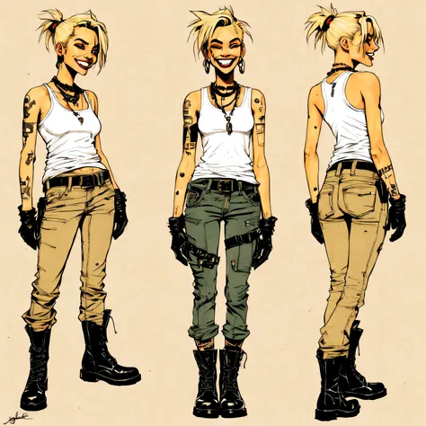 hand drawn (Joelle Jones art style) expressive ink illustration, character turn around sheet, character design sheet, Tank Girl, cut off tshirt, necklace with bullet, earrings, military pants and boots, multiple angles making silly goofy poses, funny light...