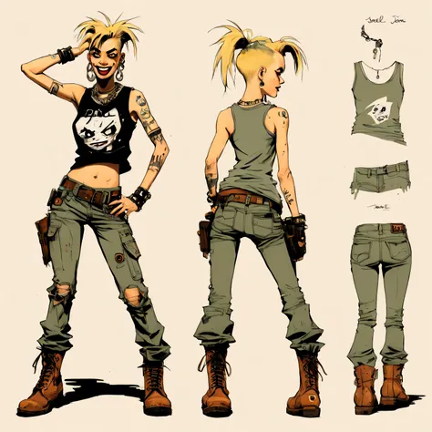 hand drawn (Joelle Jones art style) expressive ink illustration, character turn around sheet, character design sheet, Tank Girl, cut off tshirt, necklace with bullet, earrings, military pants and boots, multiple angles making silly goofy poses, vile stanky...