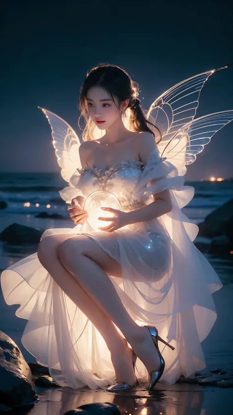 luminescent, (masterpiece, best quality:1.2), 1 girl, alone, ((off shoulder clothes)), ((night)), lantern, candlelight, deep in wonderland,The moonlight falls like water,foggy room,The figure of the heroine is vaguely visible,Just like the fairy in the pai...