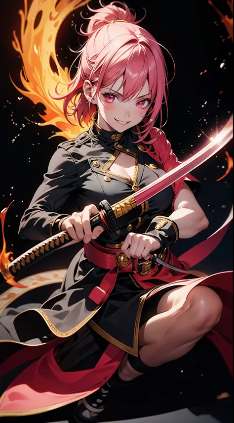 better hands, better fingers, ultra detailed face, perfect smile, five fingers, perfect hands holding a katana, flame blade, pink hair