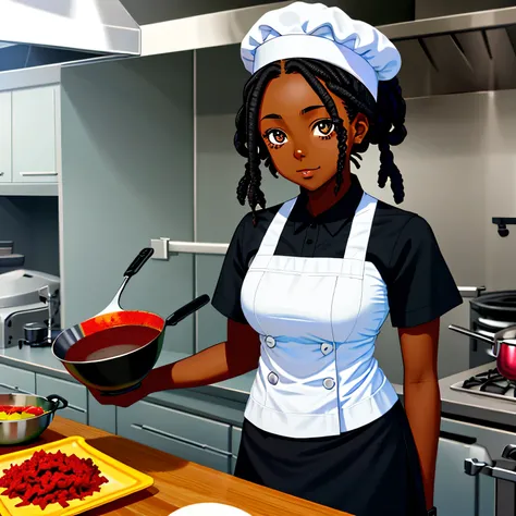 DARK SKINNED AFRICAN girl ANIME CHARACTER, SUPER CUTE, IN ALL BLACK CUTE OUTFIT, no other colors WITH SHORT DREAD LOCS, in a chefs hat, with a spatula for cooking