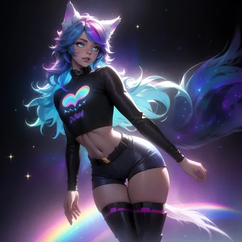 a short, skinny, galactic space young boy wearing a rainbow trench coat with a peacock inspired design, glowing blue eyes, wearing cropped t-shirt, flat chested, flat chest (SUPER FLAT CHEST) has wolf ears and a wolf tail, wide hips, pink lips, thick thigh...