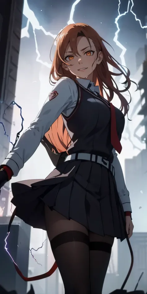 yuuki asuna, kizukiai, orang hair, brown eyes, long hair, braid, tokiwadai school uniform, huge breasts, sweating, glowing eyes, heavy breathing, 1girl, breasts, (electricity:1.4), large_breasts, skirt, blurry, pleated_skirt, depth_of_field, gloves, belt, ...