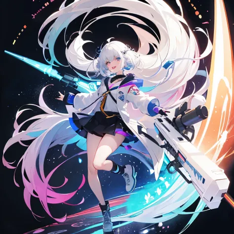 A gigantic gun whose half is a rainbow-colored 3D hologram. A beautiful white-haired scientist girl holding it. A laughing scientist with sci-fi elements in her accessories and clothes.
lightsaber（sword）have