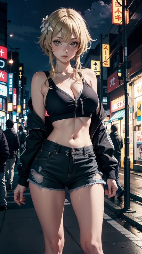 Masterpiece, high quality, 8k, ultra detail, 1 girl, ((luminernd)) standing, night tokyo,outdoors, (large breast), cleavage, (cropped hoodie:1), (shorts)