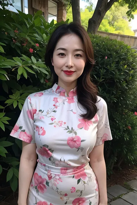 Draw lips correctly, red lipstick, from chest up, best quality, Super detailed, lifelike, Super fine skin, perfect anatomy, (1 日本Mature的女人), (alone)，Wear a floral green round neck dress，short sleeve，wavy long hair，37-year-old female，Mature，charming smile，g...