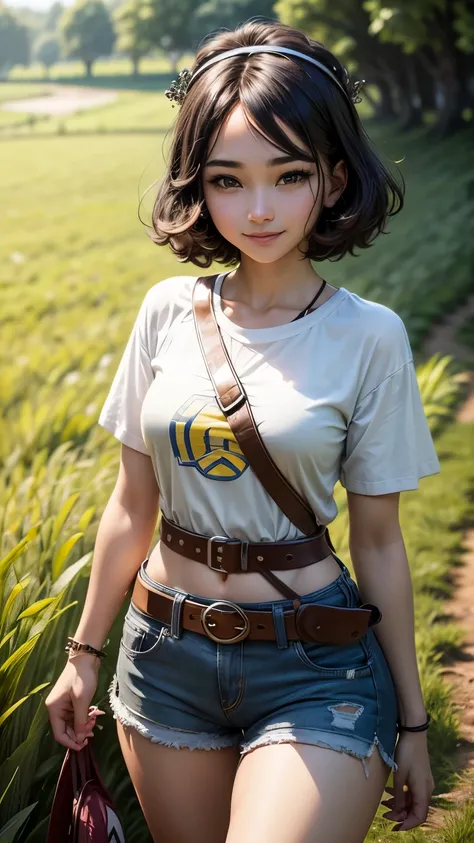 masterpiece, best quality, high resolution, serene 1, 1 girl, serene 1, 1 girl, serene (pokemon), solo, gray eyes, black hair, green shorts, red tiara, shirt, tied shirt,, short hair, short sleeves, shorts, stripes, yellow shirt, belt, middle class shootin...