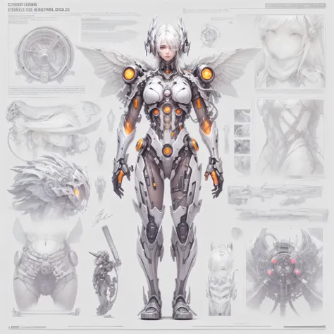 (Character Design Sheet),full body, Against a pure light gray background, A mixture of biology and machinery, a transparent mechanical angel, Complex and precise internal structure, Luminous neon lamp,(high detail, masterpiece, best quality, UHD, Sharpen d...