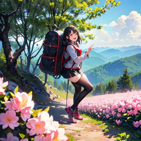 (With a mountaineering backpack on her back amidst blooming rhododendrons. An 18-year-old girl (happily climbs a mountain path in spring). In contrast to the beauty of nature, (the cute girls expression shows that she is enjoying nature).:1.5), BREAK (high...