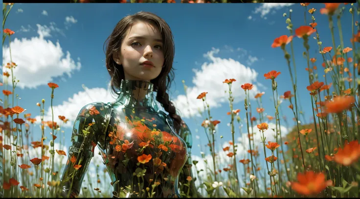 1girl, flower, sky, outdoors, cloud, solo, red flower, grass, field, black hair, standing, day, letterboxed, blurry, braid, blue sky,