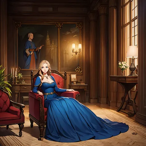 a woman in a sophisticated blue dress in a large medieval castle, dark blond, blue eyes.