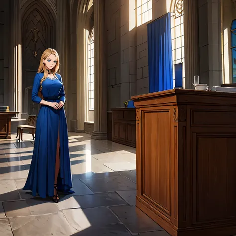 a woman in a sophisticated blue dress in a large medieval castle, dark blond, blue eyes.