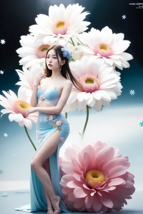 there is a woman in a blue dress standing in front of a bunch of flowers, inspired by Xie Sun, jingna zhang, sha xi, lu ji, official artwork, flower goddess, full body xianxia, with frozen flowers around her, inspired by Huang Ji, perfume, album art, with ...