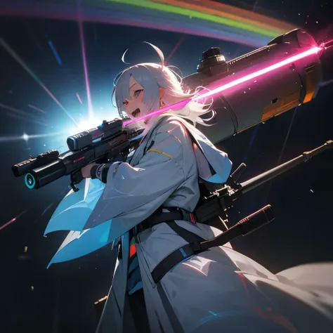 宇宙を飛んでいる
A gigantic gun whose half is a rainbow-colored 3D hologram. A beautiful white-haired scientist girl holding it. A laughing scientist with sci-fi elements in her accessories and clothes.
lightsaber（sword）have