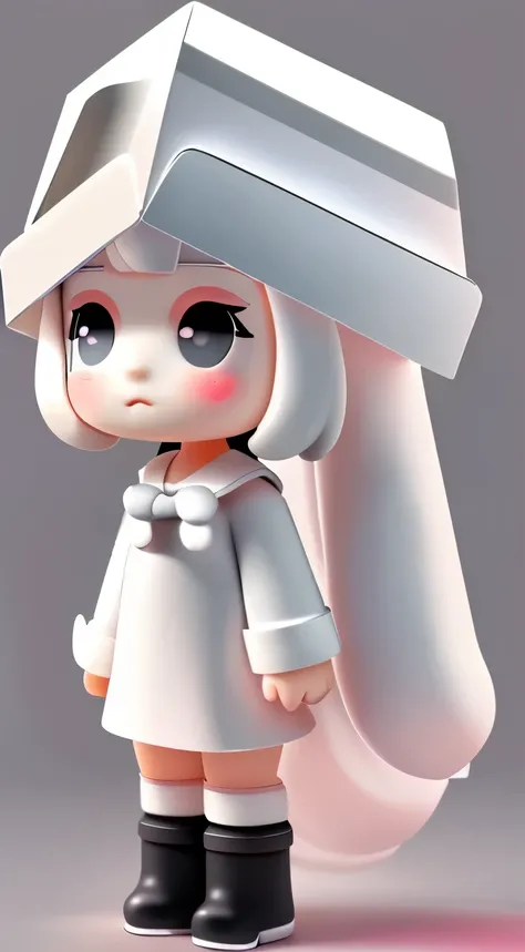 Bubble Mart blind box style，A cute little girl laughing half sideways，Wearing a white box-shaped hat，princess cut hairstyle，Off-white hair，Wearing dark gray skirt and boots