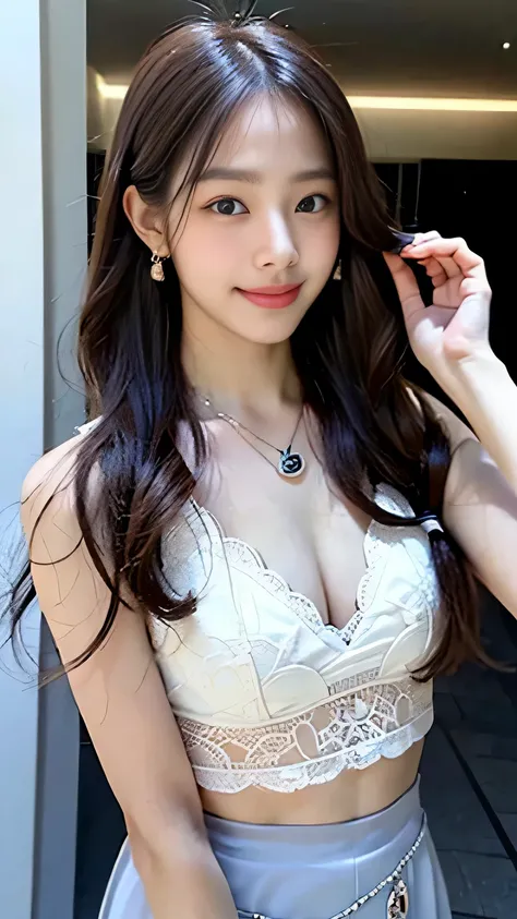 1 girl, very bright backlight, alone, {beautiful and detailed eyes}, big breasts, dazzling moonlight, calm expression, natural soft light, hair blowing in the wind, delicate facial features, dull bangs, beautiful korean girl, eye smile, very small earrings...