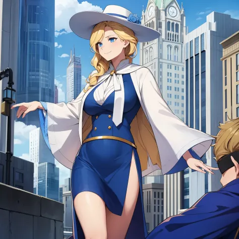 a woman in the city of London, in a blue dress, wearing a white ladys hat, blue eyes, blonde hair, smiling