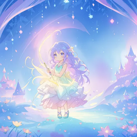 beautiful girl in gradient layered fantasy dress, long flowing blue purple hair, colorful fantasia background, watercolor illustration, disney art style, glowing aura around her, glowing lights, beautiful digital illustration, fantasia otherworldly landsca...