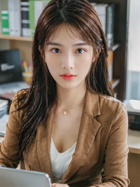 ((Office Scene, Realistic Light, Best Quality, 8K, Masterpiece: 1.3)), 1 Girl, formal cloth,Beauty: 1.4, (Brown Hair, glossy cheek: 1.3), black blazer: 1.3, laptop, Ultra Detailed Face, Detailed Eyes, Double Eyelids, office,Cleavage