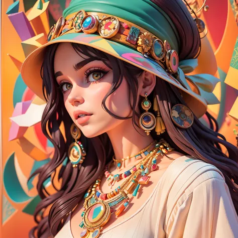 women oil painting，Eyes looking at the camera，Postmodern art，Bohemian style，bejeweled hat，gemstone earrings，necklace，Mosaic glass background wall，shadows, ray tracing, decoration, high resolution, strong outlines, colorful background, aggressive, beautiful...