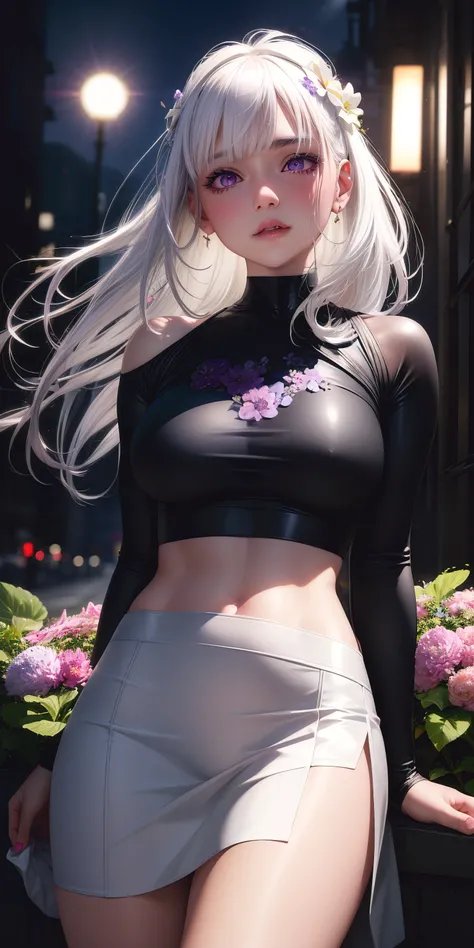 realistic, 1girl, white hair, purple eyes, glowing eyes, crop top, skirt, parted lips, blush, night, flowers, sun, sunlight,