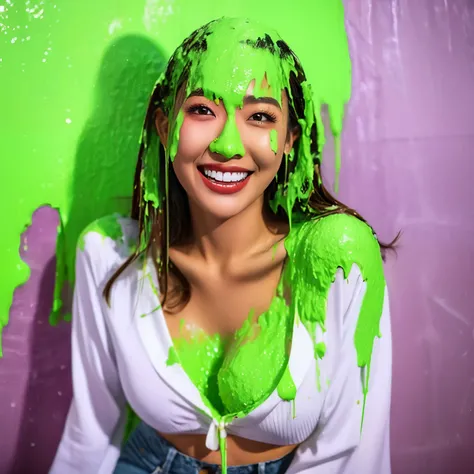 Asian girl, portrait photo, beautiful details, extreme realism, mascara, winged eyeliner, lipstick, wearing white button shirt, plaid skirt, cleavage, slime, engulfed by green oatmeal,