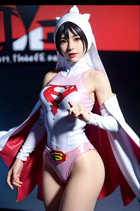 Alafi takes a photo wearing pink clothes and a cloak, V-chest open clothes, with cloak, smooth white tight clothing suit, anime girl cosplay, Superhero Girl, Trending on cgstation, anime cosplay, Cute girl in a tank suit, korean girl, Shahi, Chen Xintong, ...