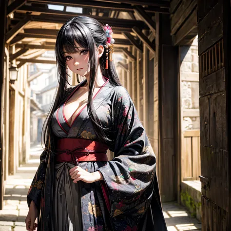 intricate, masterpiece, best quality, realistic render, 1girl walking down a 1000 year old stone alley in europe. wearing very old colourful  traditional japanese kimono. cleavage, long black hair. straight hair. bright silver eyes. full body shot. shy pos...