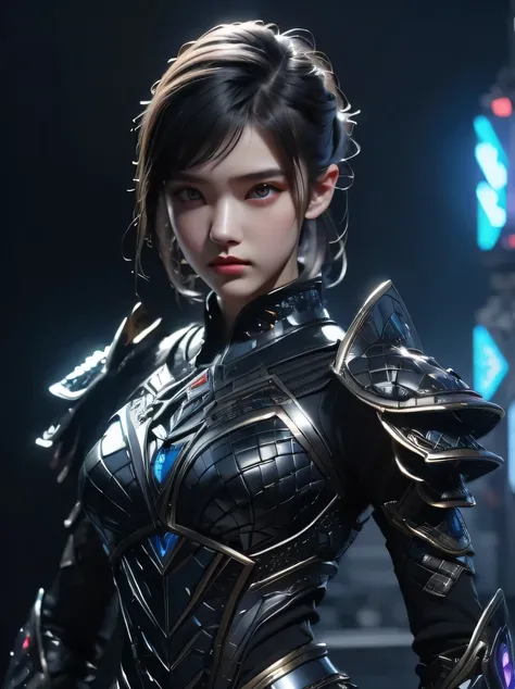 ((masterpiece、highest quality、Super detailed、High resolution、realistic、sharp focus、cinematic lighting))、((Portrait of 20 year old girl))、middle shot、(Cyberpunk style female special forces fighter、special forces)、(black hair、boyish short hair、high top fade、...