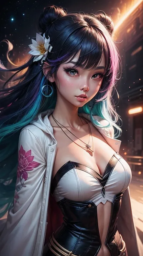 Close-up of a woman with colorful hair and necklace, anime girl with cosmic hair, Rossdraws soft vibrancy, Gouviz-style artwork, fantasy art style, colorful], vibrant fantasy style, Rossdraws cartoon full of energy, cosmic and colorful, Guweiz, colorful di...