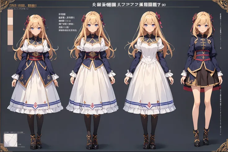 (highest quality、4k、8k、High resolution、masterpiece: 1.2)、Super detailed、real、photorealistic、(((female character design sheet)))、An illustration、(((character design sheet, Detailed character description)))、Full body three-view diagram and detailed explanati...