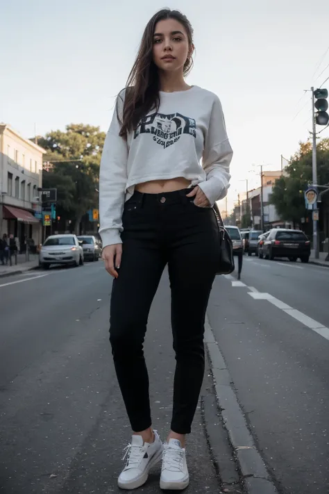 ((Mejor calidad)), ((Obra maestra)), (detallado), cara perfecta, woman standing at a crossroads, a corner, there is a traffic light, and stopped vehicles, many people cross the road, she wears loose clothing, loose black pants, white oversized sweatshirt, ...