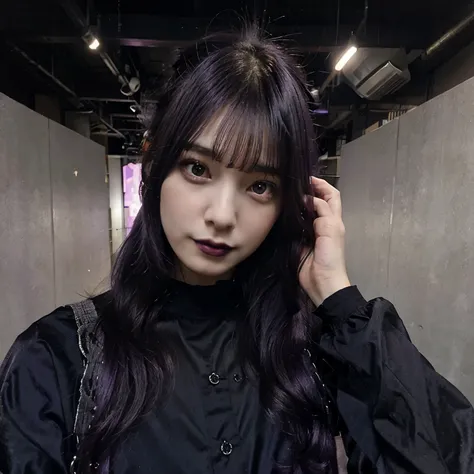 Purple Shirt Hair Girl With goth style taking a Selfie