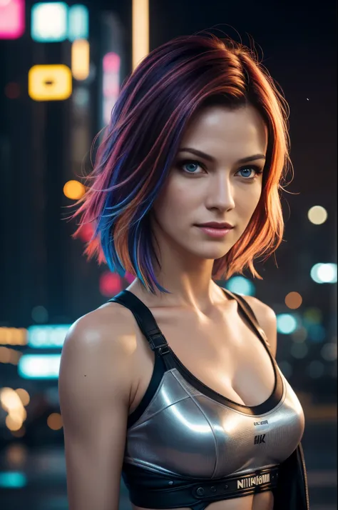 (Beautiful mature female (perfect face)), (Milla Jovovich:0.3), wicked smile, pale skin, (skin texture:1.1), (high detail sexy cyberpunk clothing), (high detail eyes:1.2), (multi coloured hair), (random short hairstyle), fit athletic body, cyberpunk city a...