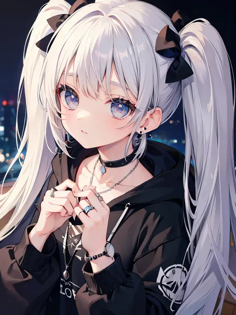 , Huge, twin tails, silver hair, hoodie, vintage gothic, Pause, cute, look up, high quality, necklace, ring, bracelet, earrings