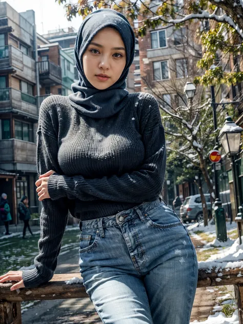 Photorealistic, close up, low angle, (seen from below:1.1), a japanese young girls with hijab, (long sleeve sweater:1.2, long jeans), a hyperrealistic beautiful young girls with natural sagging breast, high detailed official artwork, beautiful girls with s...