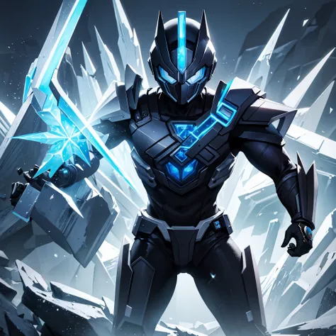 a black power ranger using an ice sword, in an icy environment.
