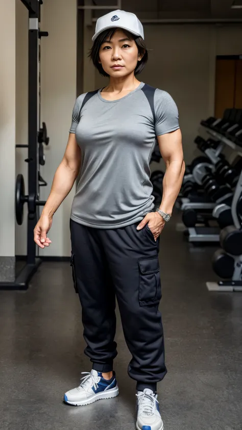 A big muscular middle age Japanese woman with detailed feminine face features and short hair wearing a hat, t-shirt, long cargo pants, and sneakers. She is standing in a gym with masculine expression and pose.