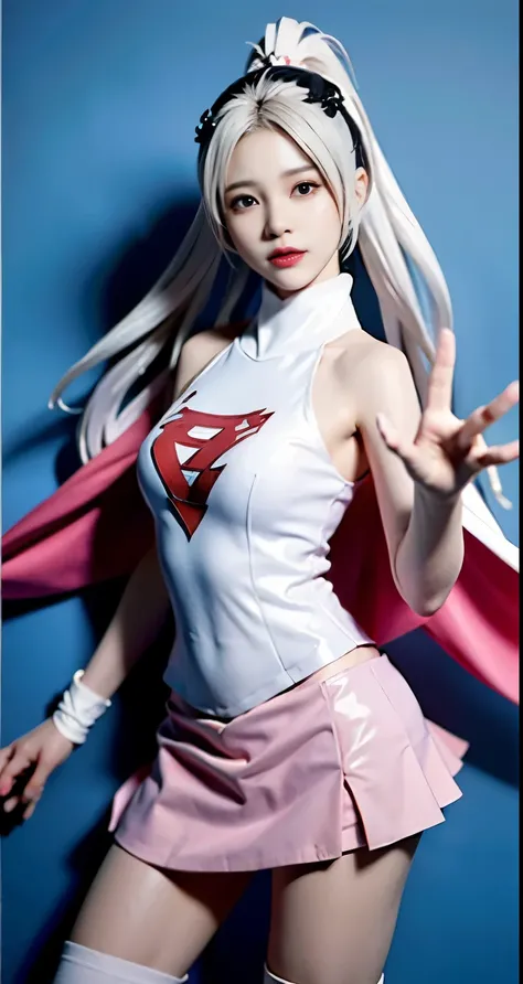 real image、beautiful woman、Highest image quality、ponytail、mini skirt、white panties、Alafi takes a photo wearing pink clothes and a cloak, V-chest open clothes, with cloak, smooth white tight clothing suit, anime girl cosplay, Superhero Girl, Trending on cgs...