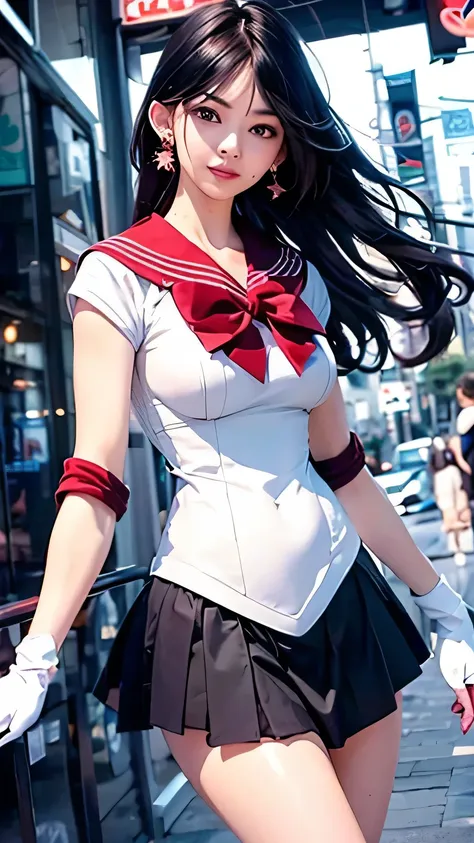 1girl, sailor mars, brown eyes, (jet black hair), (long flowy hair), ((armored sailor senshi uniform:1.1)), ((metallic breast plate)), ((plead skirt)), legging armor, (metallic bow), dynamic posture, Dynamic background, best quality, masterpiece, high reso...