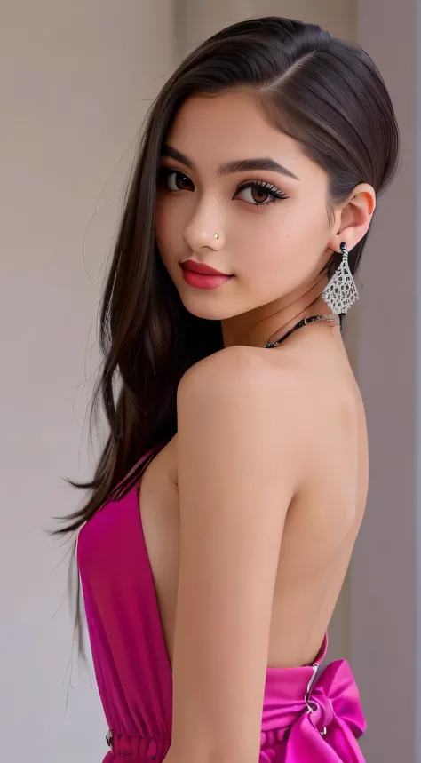 Full body beautiful Liya silver, brown_eyes, ((beautiful slim teenage girl 18 year old, hair color [Brown highlights hair], [undercut pixie] hair)), earrings, lips, realistic, narrow waist, charming, pink lipstick, colorful makeup, long eyelashes, earrings...