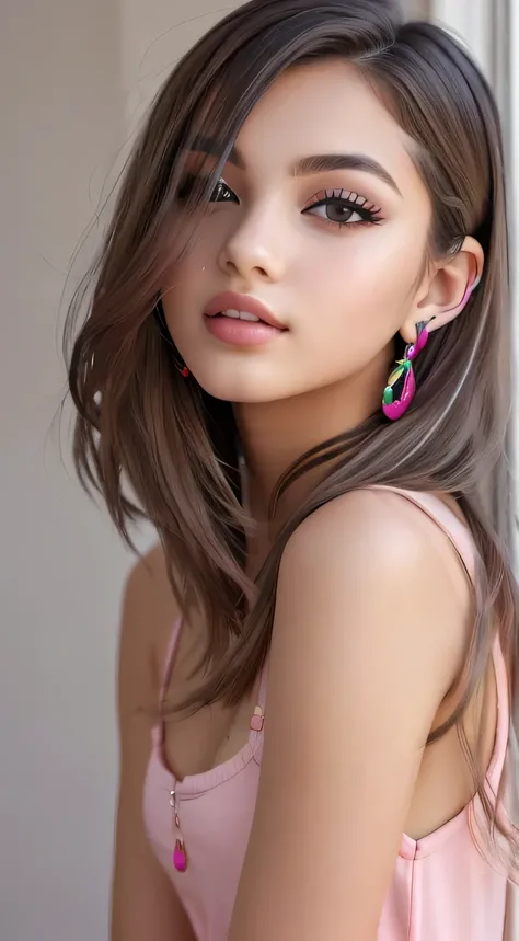 Full body beautiful Liya silver, brown_eyes, ((beautiful slim teenage girl 18 year old, hair color [Brown highlights hair], [undercut pixie] hair)), earrings, lips, realistic, narrow waist, charming, pink lipstick, colorful makeup, long eyelashes, earrings...