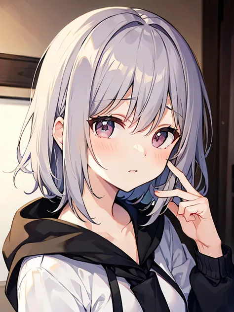 short gray hair, blush, embarrassment