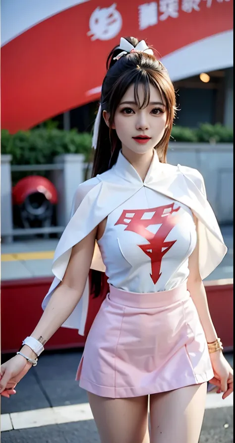 real image、beautiful woman、Highest image quality、ponytail、mini skirt、white panties、Alafi takes a photo wearing pink clothes and a cloak, V-chest open clothes, with cloak, smooth white tight clothing suit, anime girl cosplay, Superhero Girl, Trending on cgs...