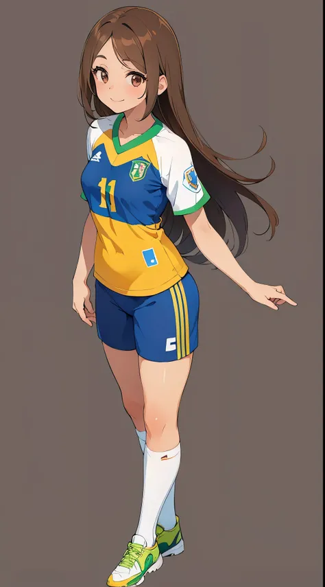 1 girl sigle, long brown Haircurt, eyes color brown, japanese half brazilian, light skin, body type athlete body, full body, wearing soccer uniform, age 18, Height	160cm, Breast cup C, light skin, stand pose, smile, Brasil paulo background